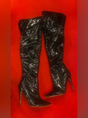 Anne Michelle Black Patent Over-The-Knee thigh high Stiletto Boots w/back zipper